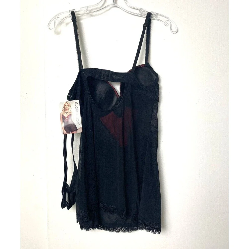 iCollection Babydoll Mesh Lace Overlay Microfiber Coral Black Size M Lingerie - Picture 8 of 11